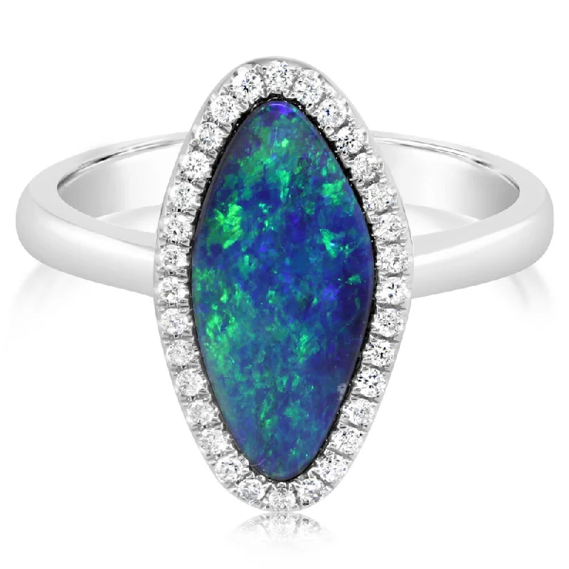 14K White Gold Australian Opal Doublet/Diamond Ring