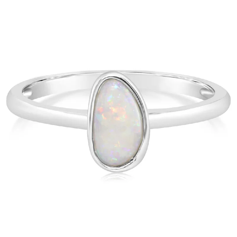 14K White Gold Australian Opal Smooth Shank Ring