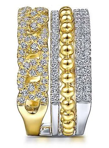 14K White-Yellow Gold Wide Band Layered Diamond Ring