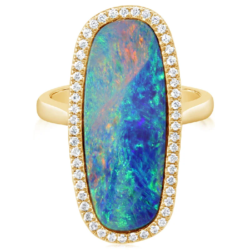 14K Yellow Gold Australian Opal Doublet/Diamond Ring