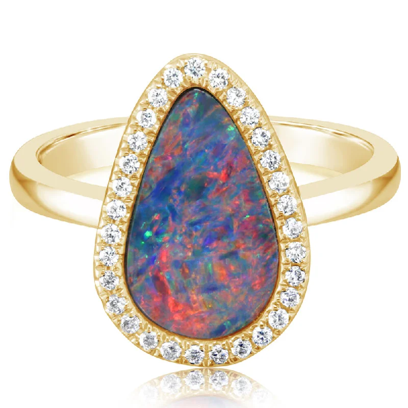 14K Yellow Gold Australian Opal Doublet/Diamond Ring