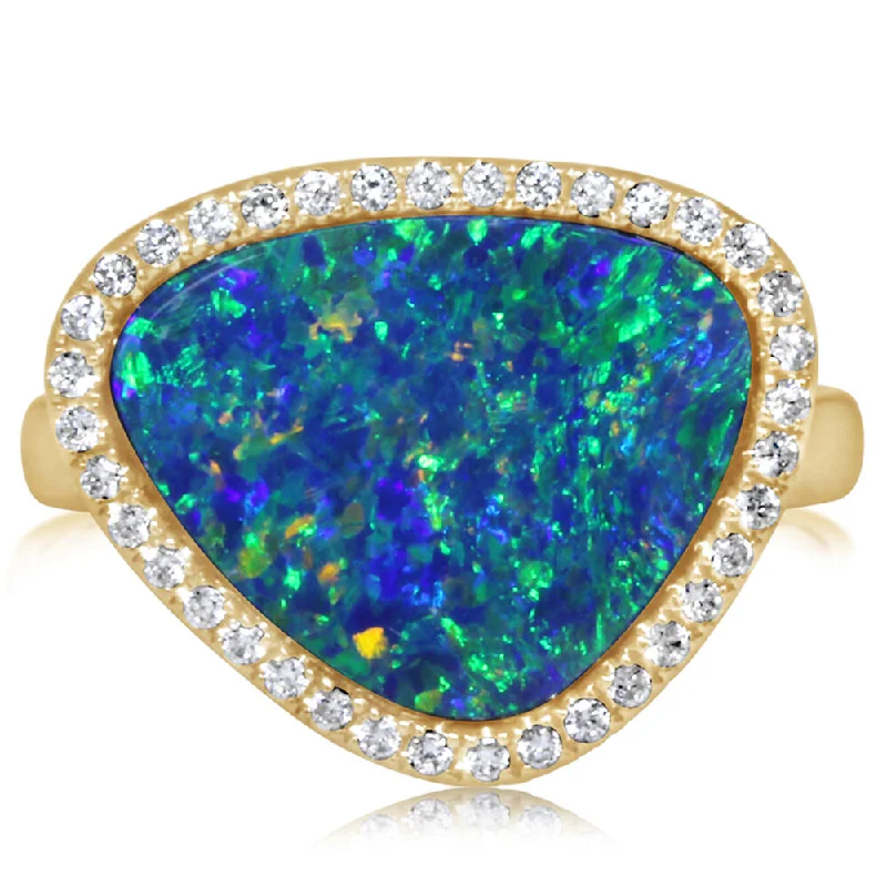 14K Yellow Gold Australian Opal Doublet/Diamond Ring