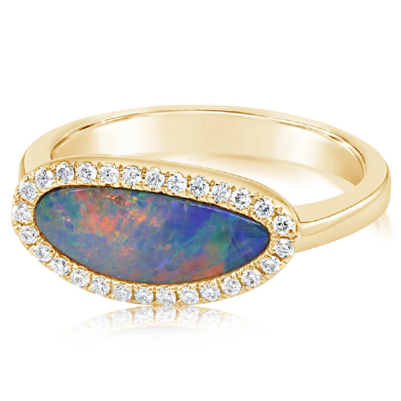 14K Yellow Gold Australian Opal Doublet/Diamond Ring