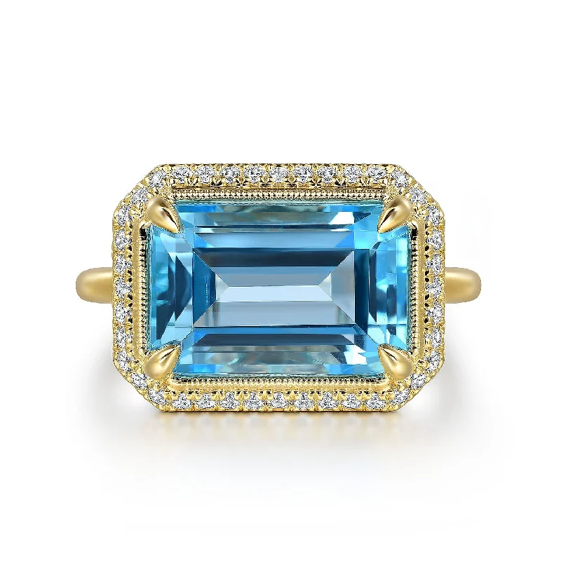 14K Yellow Gold Diamond and Blue Topaz Emerald Cut Ladies Ring With Flower Pattern Gallery