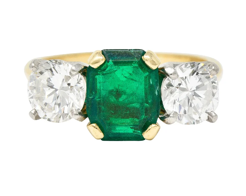 1980's 3.27 CTW Colombian Emerald Diamond Platinum 14 Karat Yellow Gold Vintage Three Stone Ring GIA