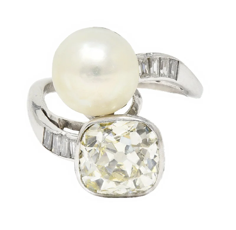 Mid-Century 3.52 CTW Old Mine Cut Diamond Pinctada Pearl Platinum Toi-Et-Moi Vintage Ring GIA