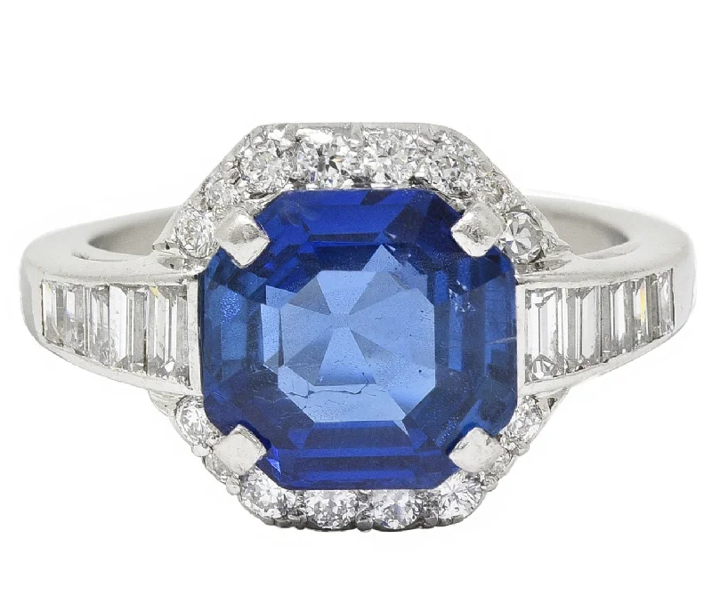 Mid-Century 3.97 CTW No Heat Burma Sapphire Diamond Platinum Cluster Ring AGL