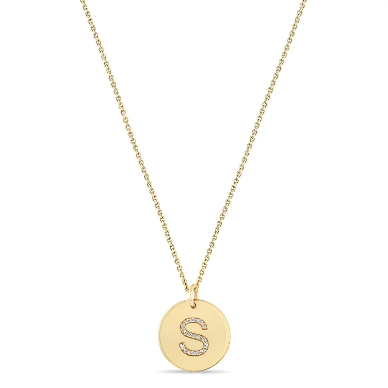 14k Pavé Diamond Initial Disc Necklace