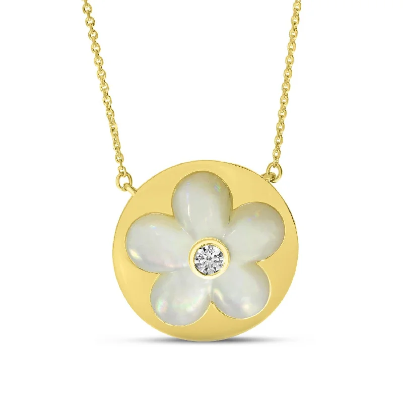 14K Yellow Gold 0.07ct. Diamond Mother of Pearl Floral Necklace