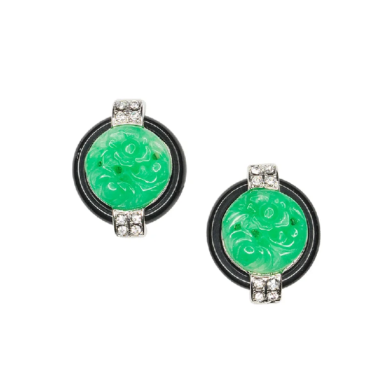 Black And Jade Art Deco Clip Earrings