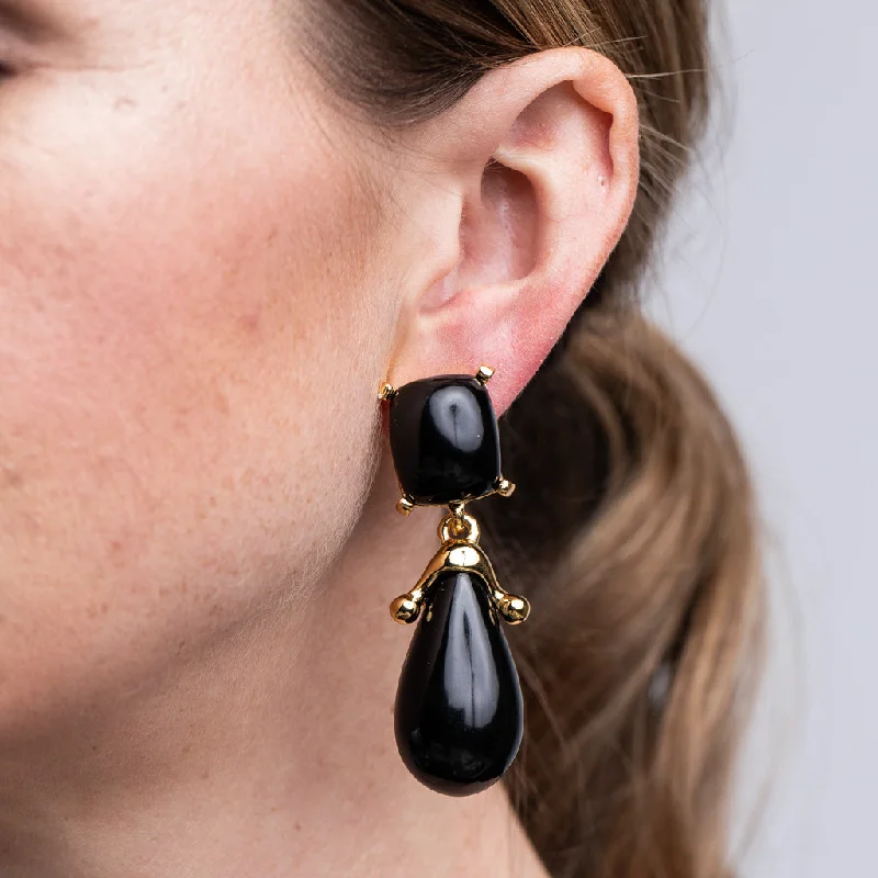 Black Square Top Drop Clip Earrings