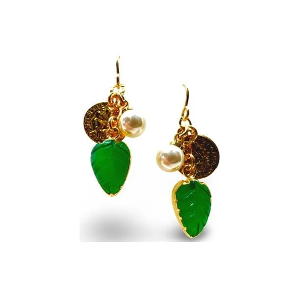 Cluster Earrings: Green Onyx Leaf, Pearl and Coin (EGCL734GO)