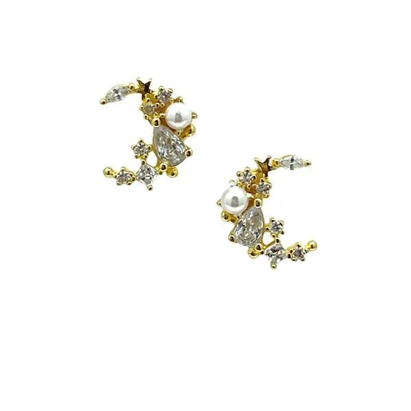 Crescent Moon Studs With Pearl and CZ's: Gold Vermeil (EGP453MN)