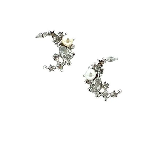 Crescent Moon Studs With Pearl and CZ's: Sterling (ESP453MN)