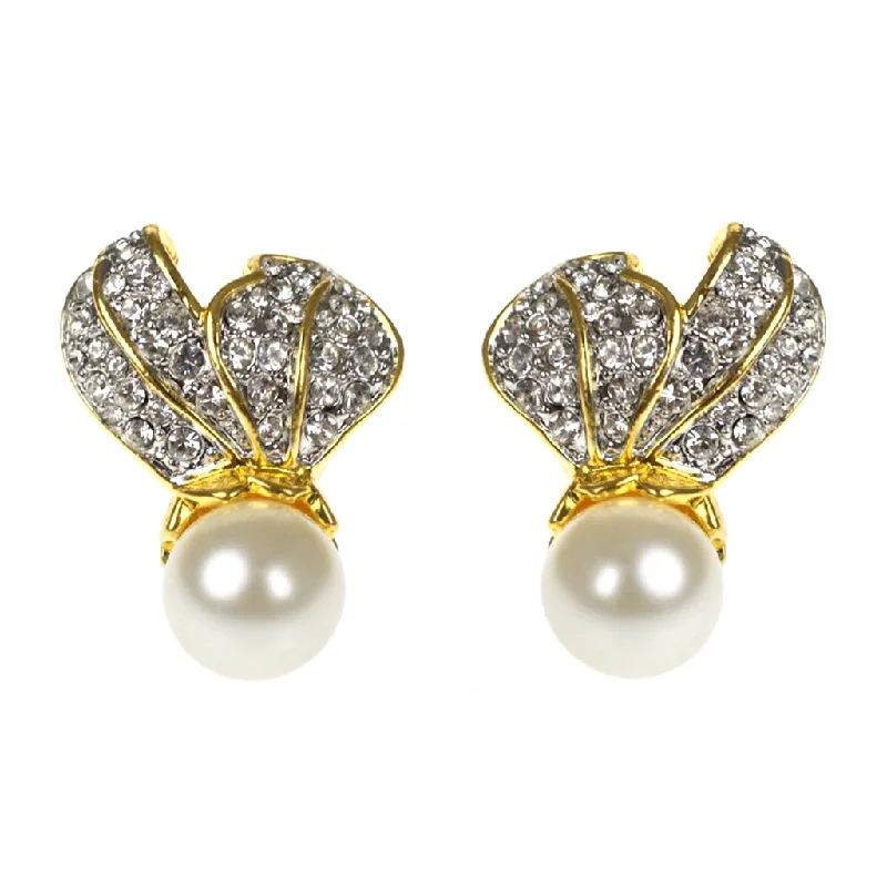 Crystal Leaf Top With Pearl Bottom Clip Earrings