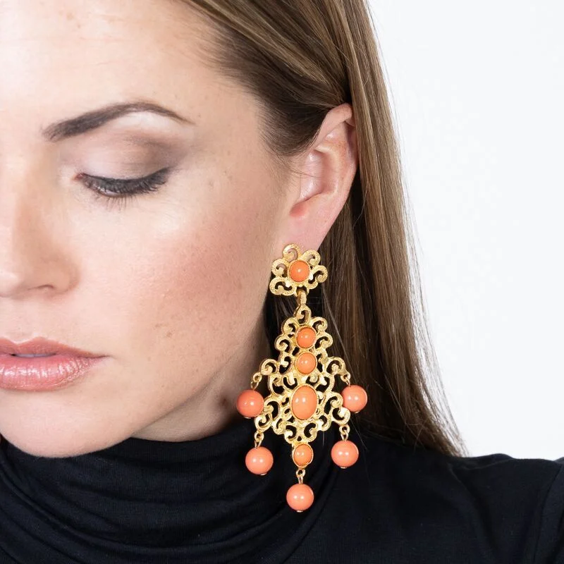 Filagree & Coral Drop Clip Earring