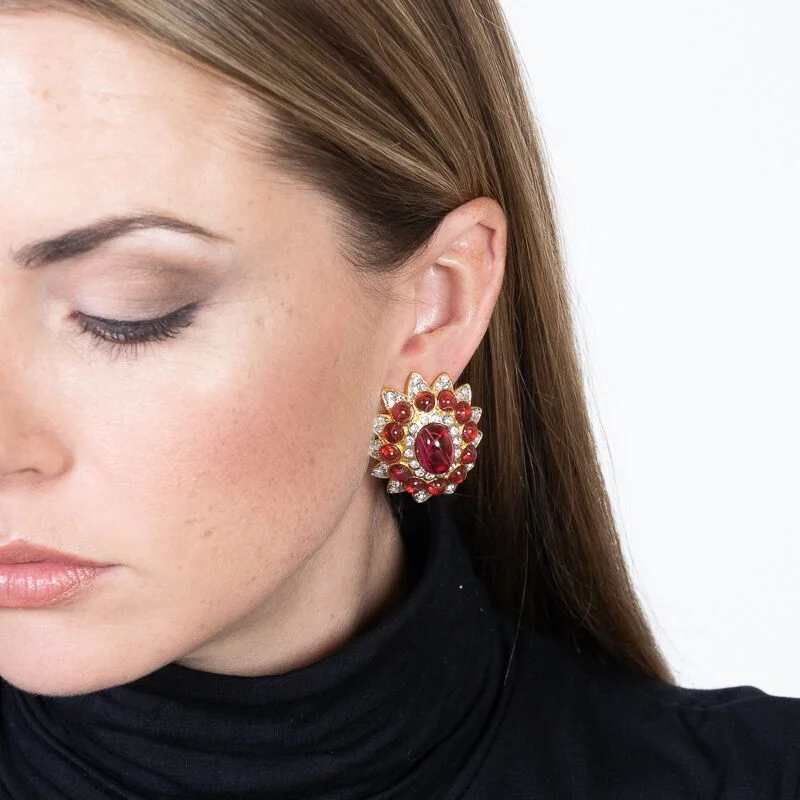 Flawed Ruby Cabochon Clip Earrings