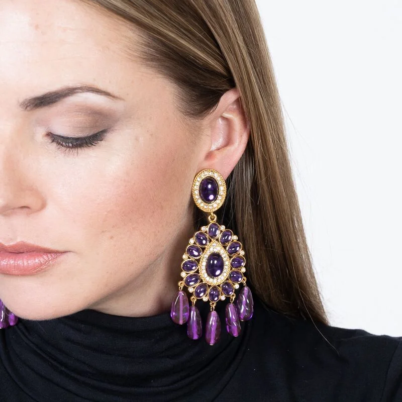 Gold & Amethyst Cabochon Drop Clip Earrings