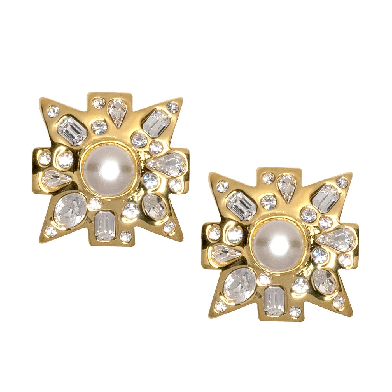 Crystal and Pearl Maltese Cross Clip Earrings