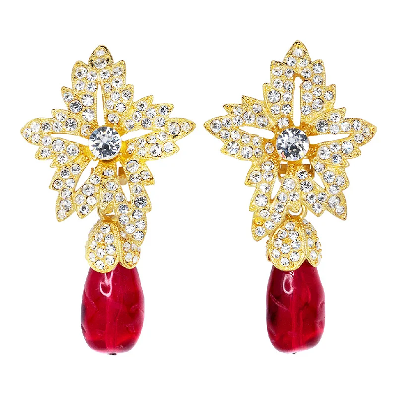 Gold Crystal Flower Top Ruby Teardrop Clip Earrings