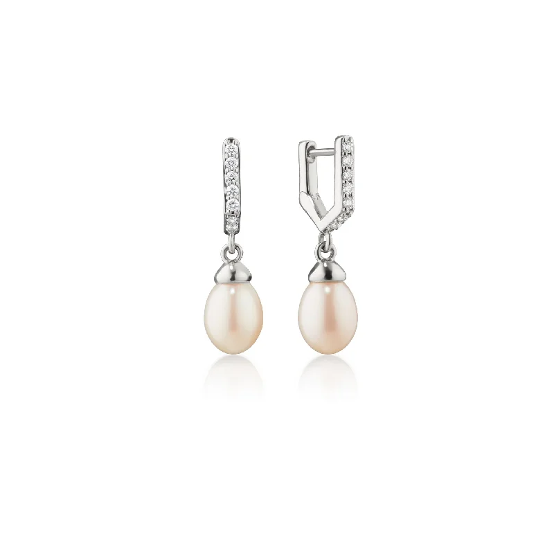 Infinity Huggie Pearl Drop Earrings