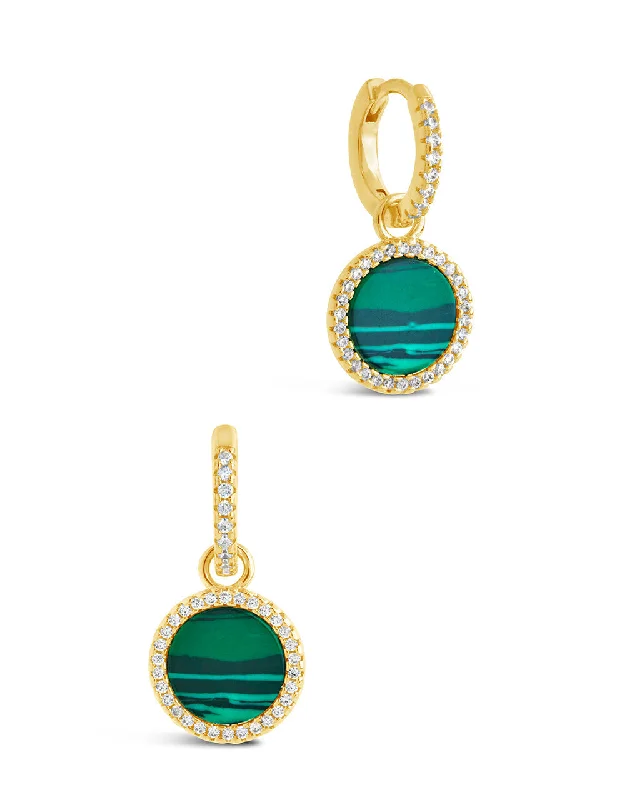 CZ & Malachite Disc Drop Micro Hoop Earrings