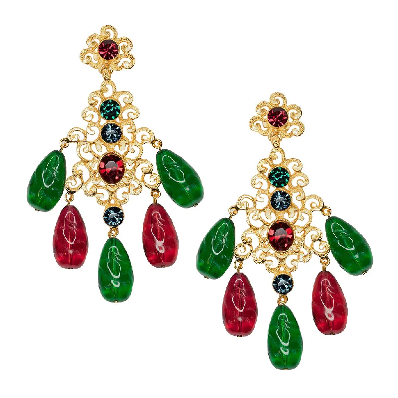 Multicolored Filigree Drop Clip Earrings