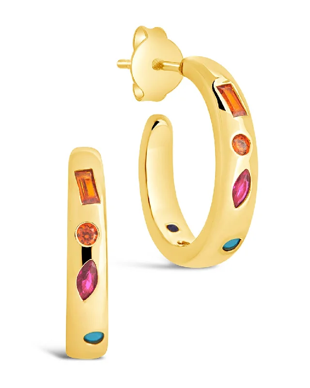 Rainbow CZ Studded Hoop Earrings