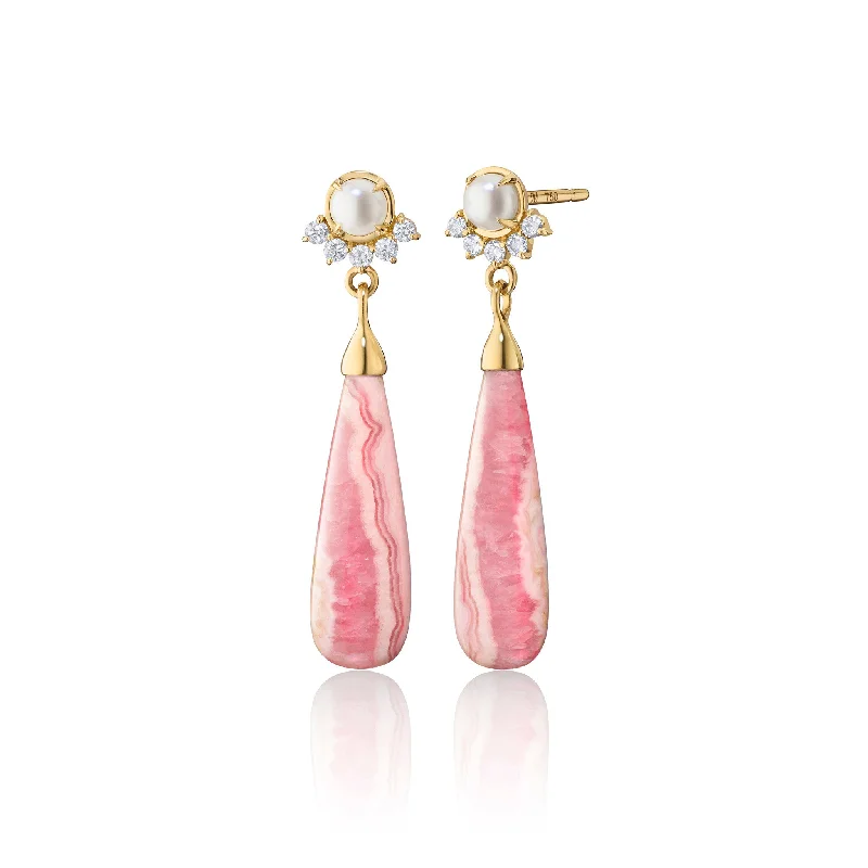 Special Edition “Pink Clouds of Venus” Rhodochrosite Drop earrings with Freshwater Pearls and Diamonds