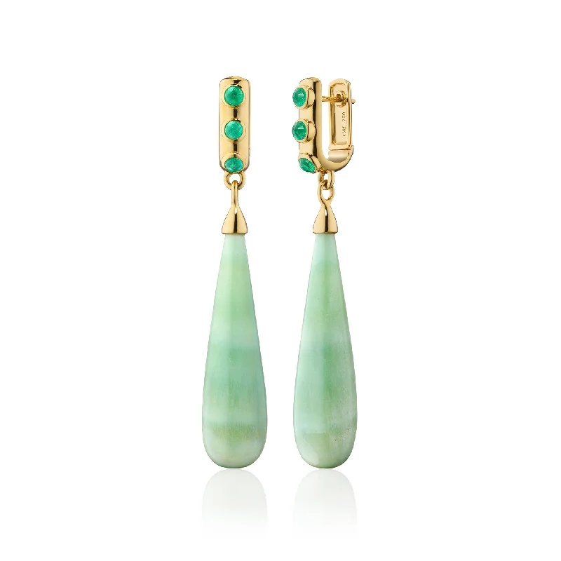 Special Edition “Rings of Nebula” Aragonite Drop Earrings with Faceted Emerald Cabochons