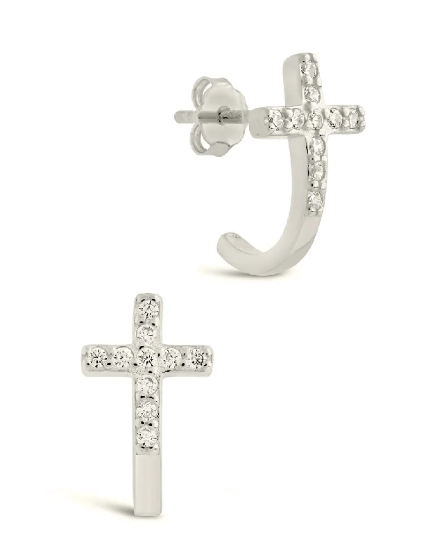 Sterling Silver CZ Cross Huggie Hoop Earrings