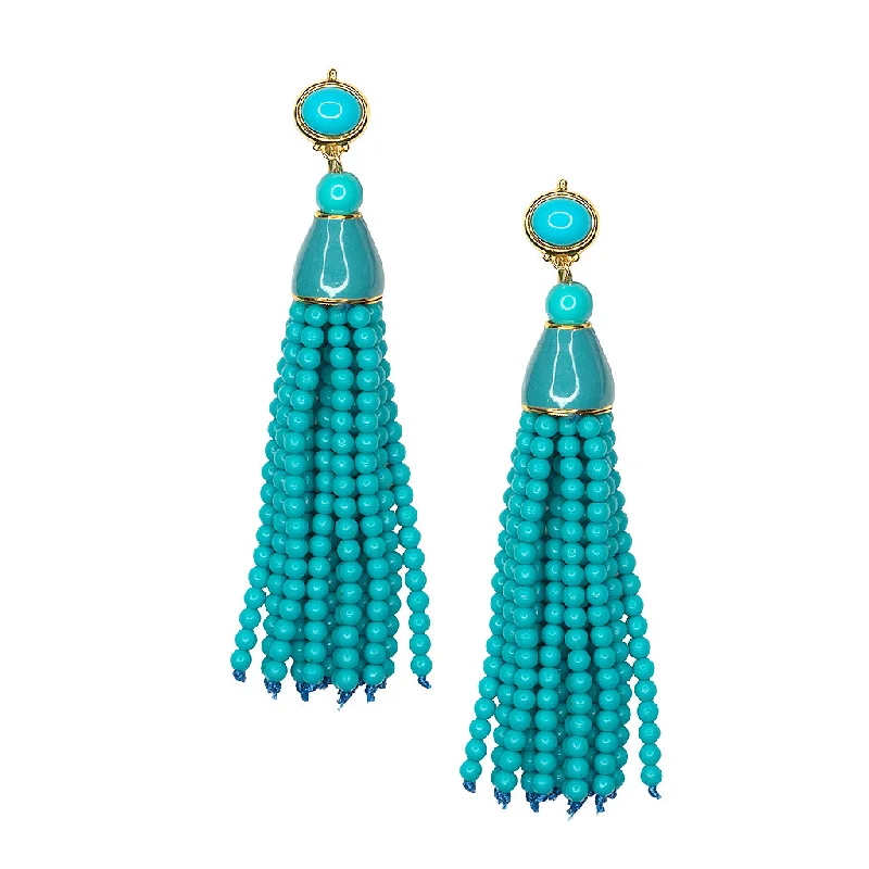 Turquoise Seed Bead Tassel Pierced or Clip Earring