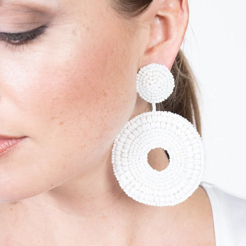 White Seedbead Circle Drop Pierced Earrings