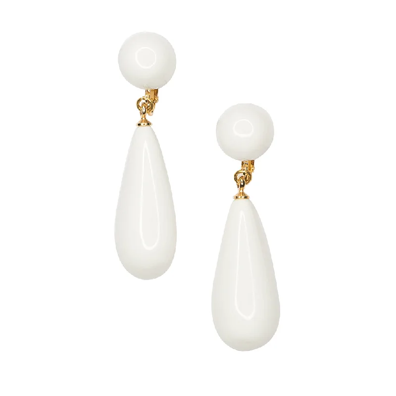 White Teardrop Pierced or Clip Earrings