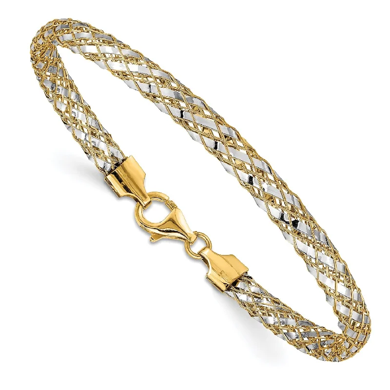 14KT White and Yellow Gold 7.5-inch 5.3MM Fancy Mesh Bracelet