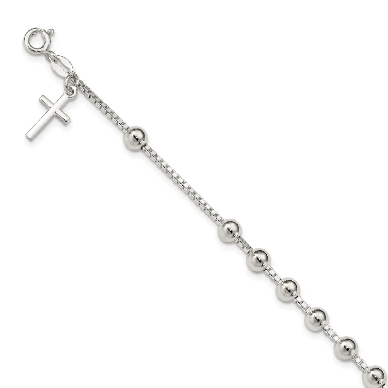 Sterling Silver 7.25-inch Beaded Cross Bracelet