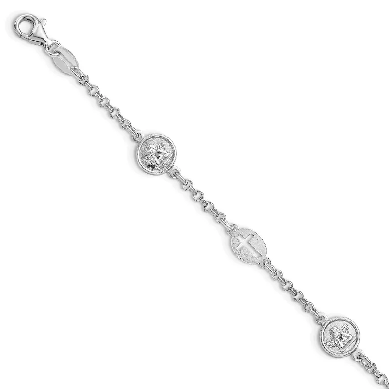 Sterling Silver 7.5-inch Cross and Guardian Angel Bracelet