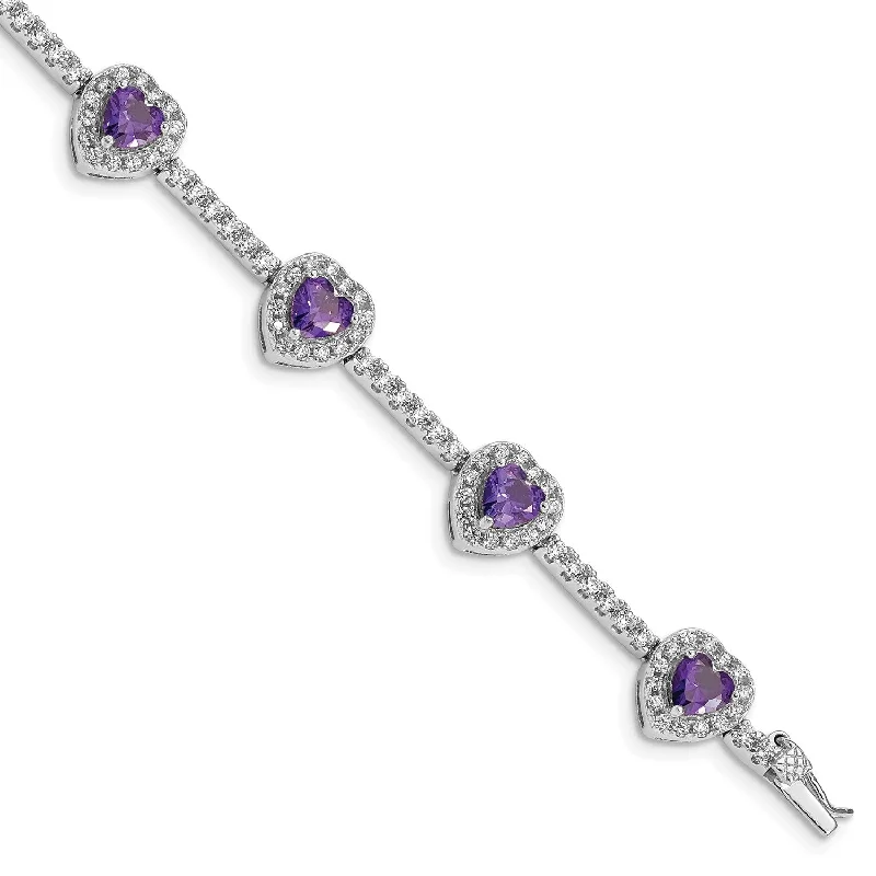 Sterling Silver Amethyst and Cubic Zirconia 7-inch 10MM Tennis Heart Bracelet