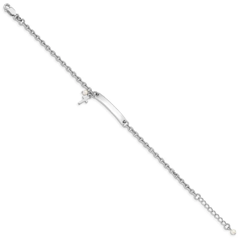 Sterling Silver and Pearl 7" Cross ID Bracelet