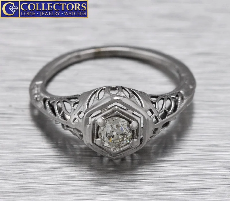 Timeless Jewelry Styles At Wallet-Friendly Prices Antique Art Deco 14K White Gold 0.25ct Diamond Filigree Engagement Ring