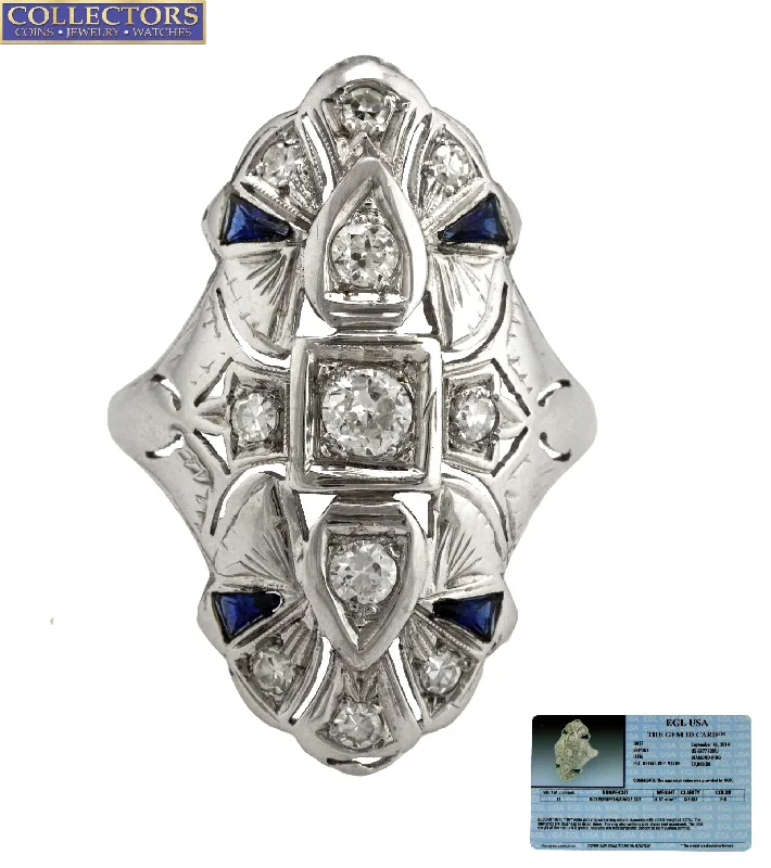 Elegant Jewelry At Unbeatable Offers – Shop Before It's Gone Antique Art Deco 18K White Gold 0.57ctw Diamond Blue Sapphire Filigree Ring EGL