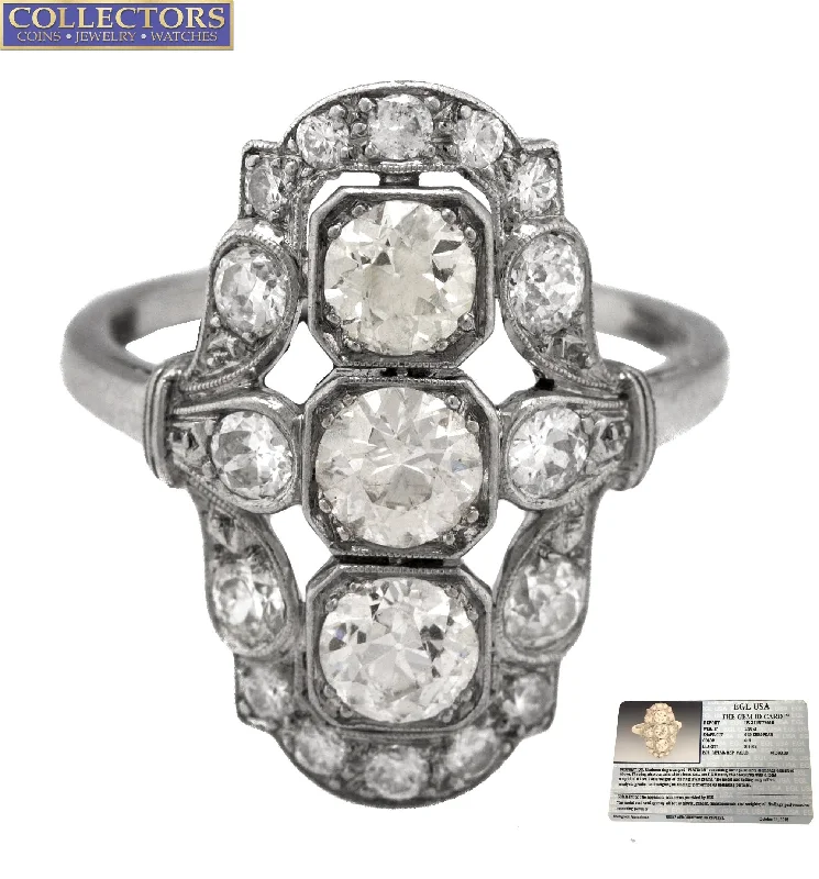 Elegant Jewelry, Exclusive Prices – Shop Now Antique Art Deco Platinum 1.30 CT G-H Old European Cut Diamond Cocktail Ring EGL