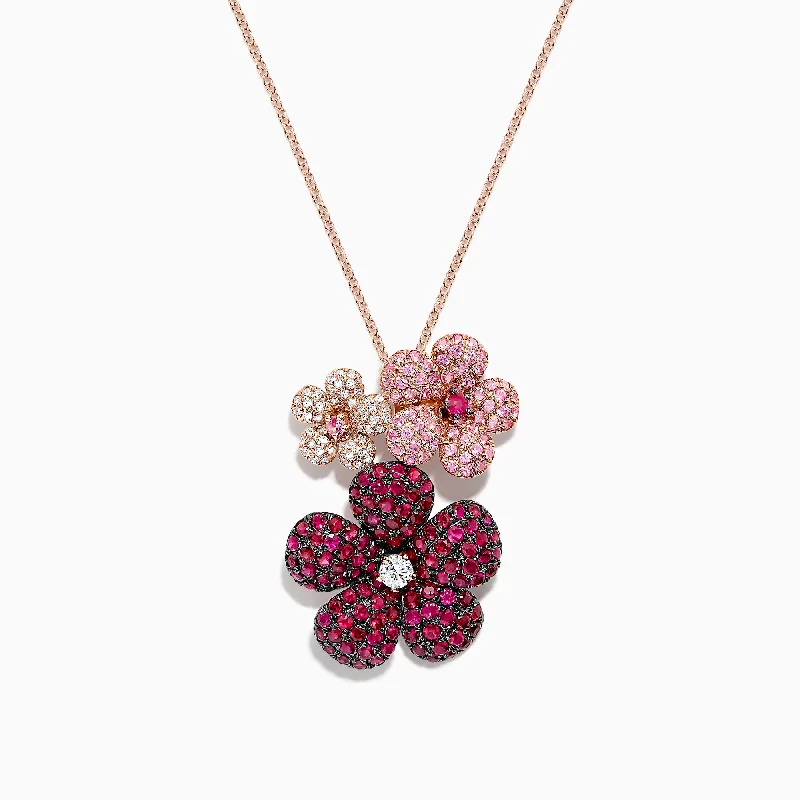 Don't Miss Our Biggest Jewelry Sale Of The Season Nature 14K Gold Ruby, Sapphire and Diamond Flowers Pendant, 3.02 TCW