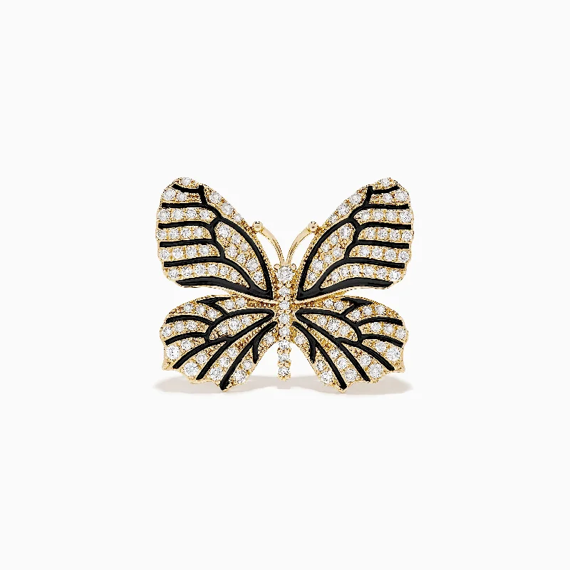 Big Discounts On Elegant Jewelry Collections Nature 14K Yellow Gold Black and White Diamond Butterfly Ring