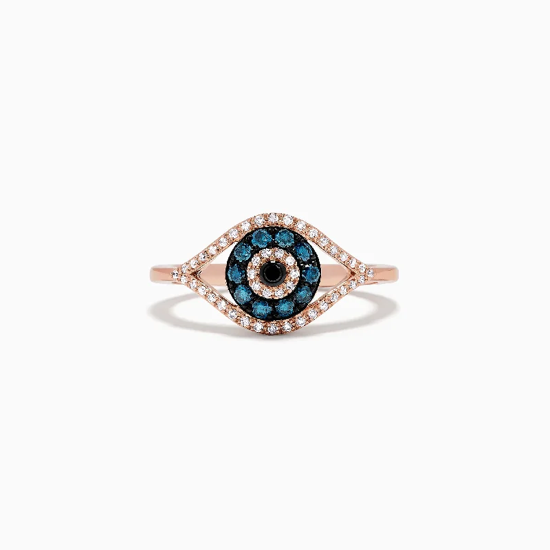 Breathtaking Jewelry At Limited-Time Savings Novelty 14K Gold Blue, White and Black Diamond Evil Eye Ring, 0.37 TCW