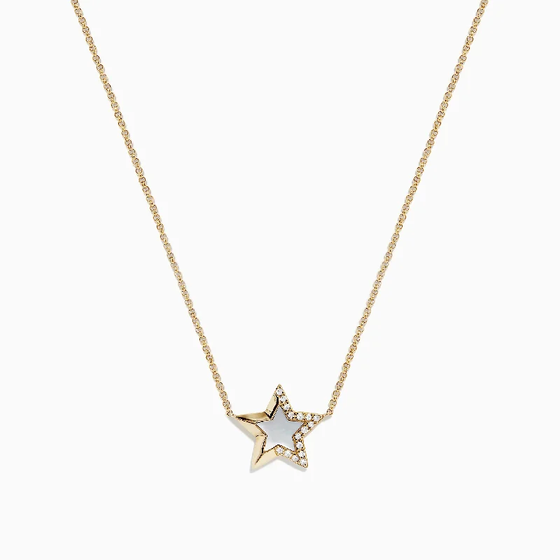 Stunning Jewelry Pieces At The Lowest Prices Ever Novelty 14K Gold Mother of Pearl and Diamond Star Necklace, 0.06 TCW