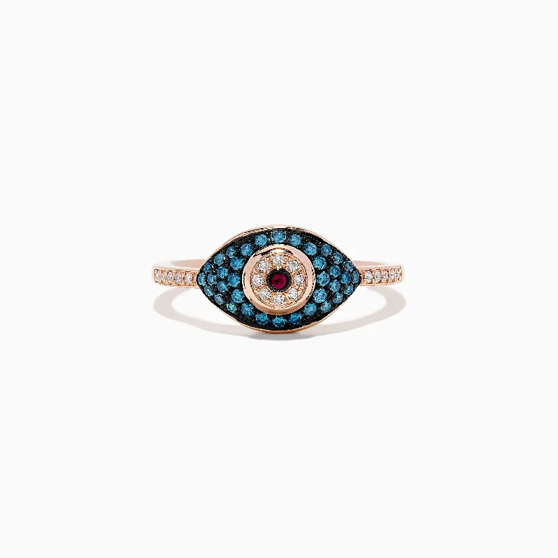 Final Call For Exquisite Jewelry At Reduced Rates Novelty 14K Gold Ruby,White & Blue Diamond Evil Eye Ring, 0.29 TCW