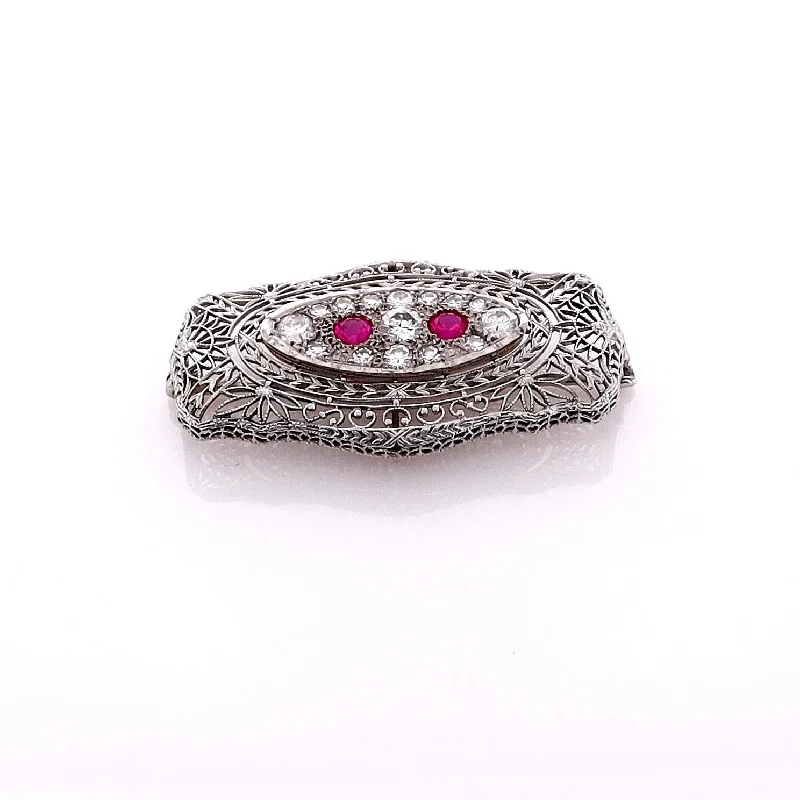 Dazzle With Discounts – Shop Jewelry On Sale Estate 14 Karat White Gold Rectangular Filagree Transitional Diamond and Ruby Brooch