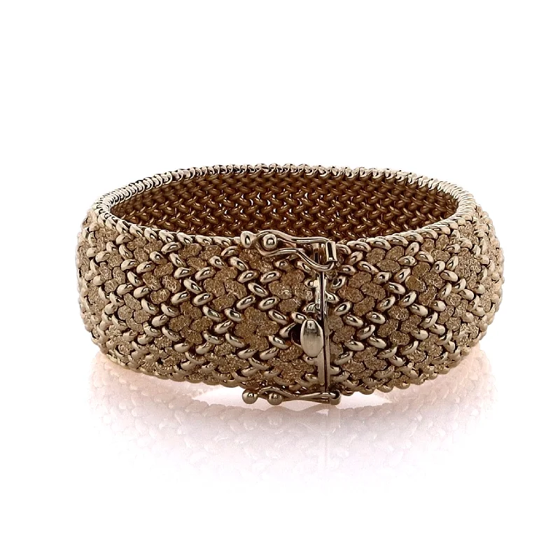 Unique Jewelry Designs Now At Discounted Rates Estate 14 Karat Yellow Gold Soft Domed Woven Florentine Polished Bead Design Bangle Bracelet