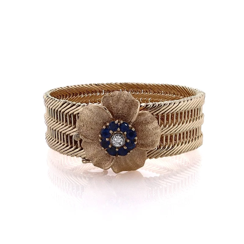 Upgrade Your Jewelry Collection For Less Estate 14 Karat Yellow Gold Wide Flex Sapphire and Diamond Flower Bracelet